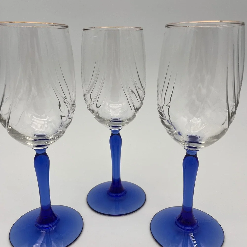3 Vintage Wine Glasses Cobalt Blue Stem Gold Rim Optic Swirl Clear Bowl Set